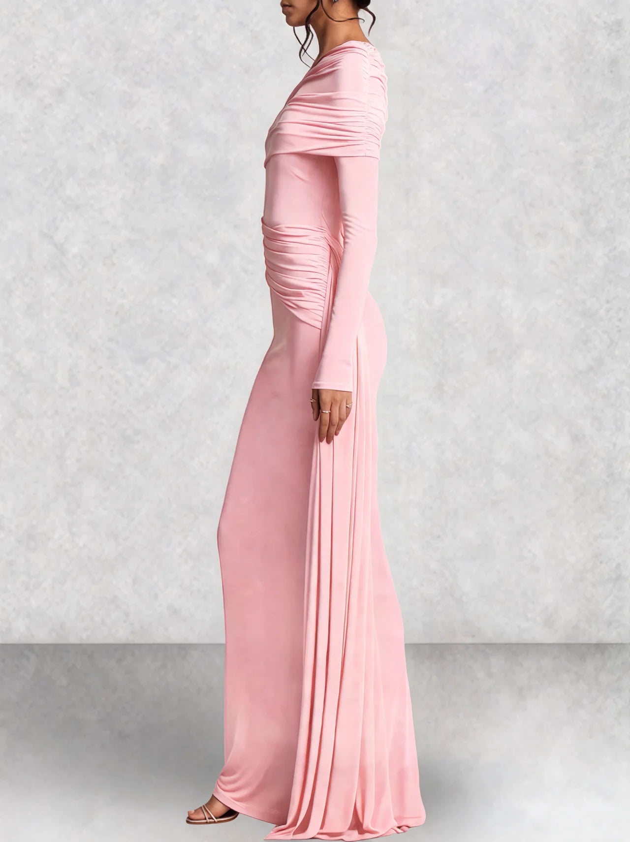 Off Shoulder Long Sleeve Draped Maxi Dress