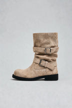 Distressed Double Buckle Mid-Calf Boots